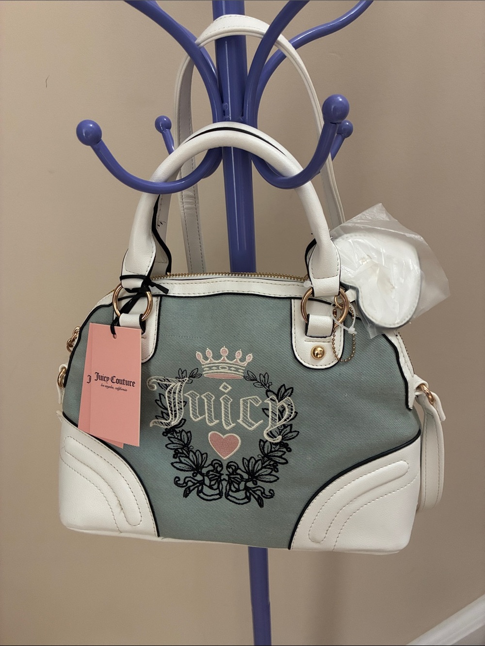 Juicy Couture White & Denim Jean logo Dome Satchel - purse bad pink